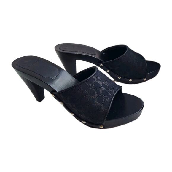 COACH Brenda Womens Shoe Sandal Sz 7 Wood Heel Black Metal Signature Logo A0871 - Picture 5 of 12